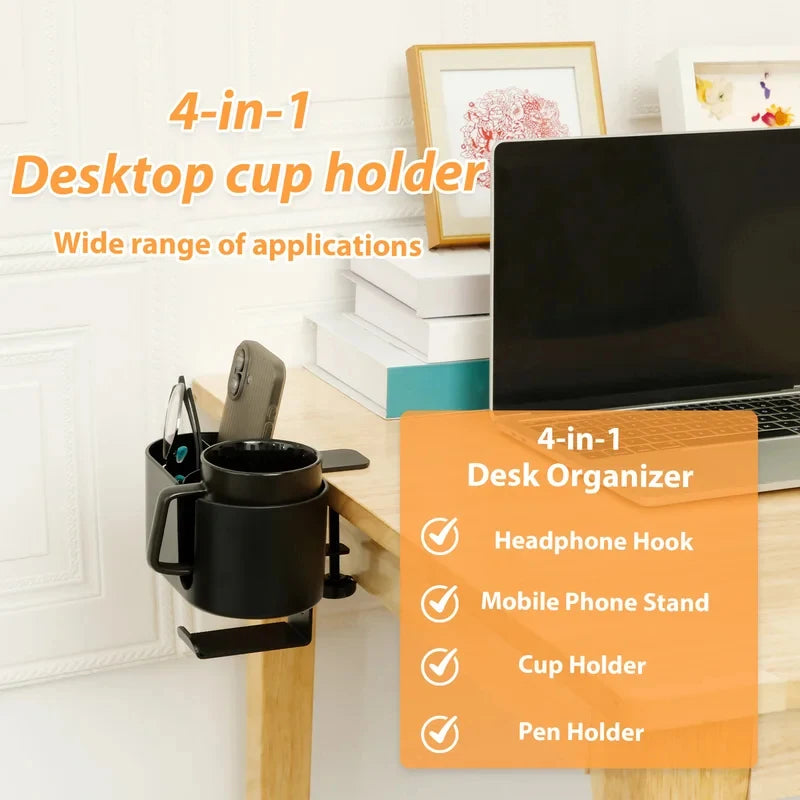 Black clamp-on desk organizer with cup holder, divided storage, and headphone ledge